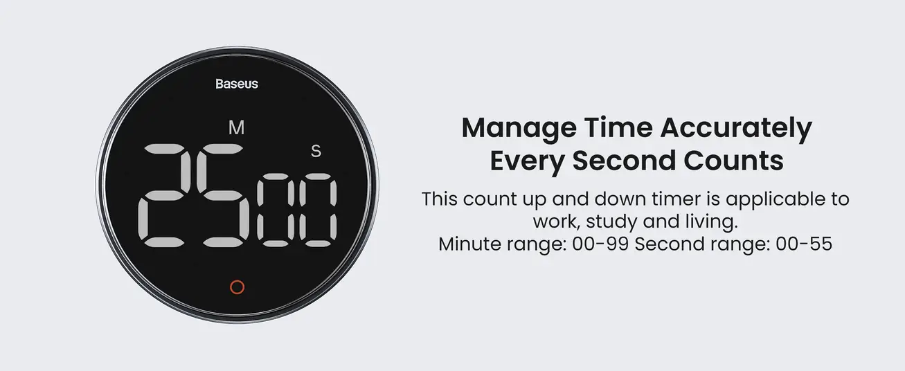 Baseus Digital Rotation Countdown Kitchen Timer with LED Display, Magnetic Holder, Volume Control, Stopwatch & Countdown – Grey