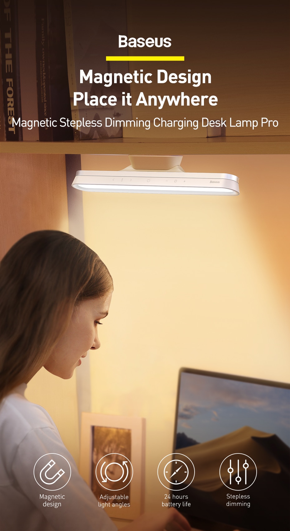 Baseus Magnetic LED Bedside Lamp Under Cabinet Lamp for Home Kitchen Room Gray