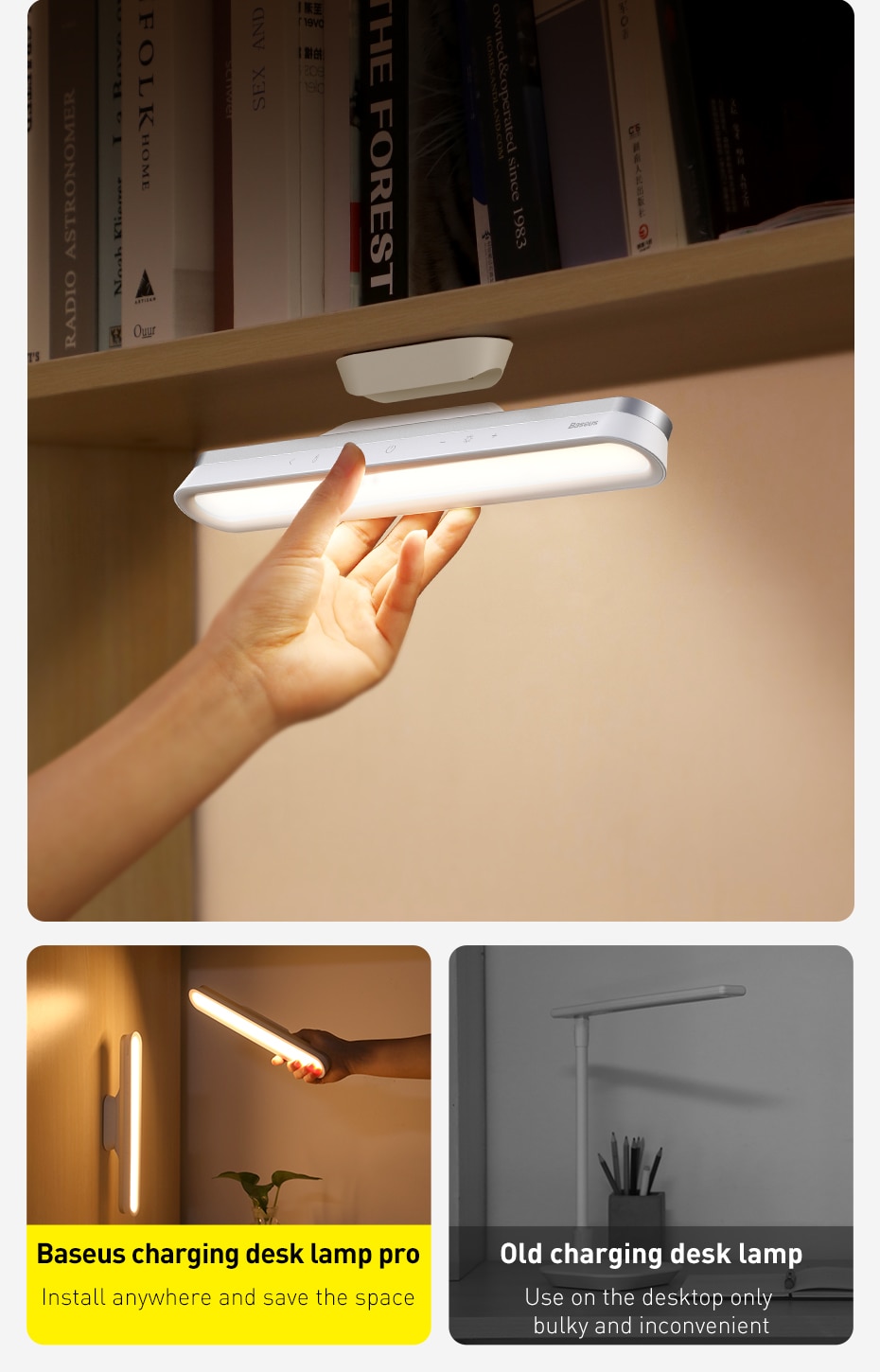 Baseus Magnetic LED Bedside Lamp Under Cabinet Lamp for Home Kitchen Room Gray