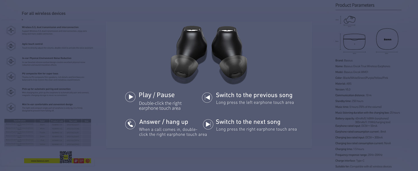 Baseus Encok WM01 True Wireless Earphones 36H Playtime, Bluetooth 5.3, Low